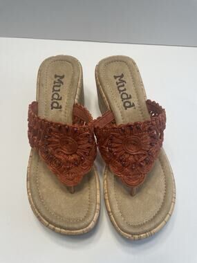 Mudd Y2K Women's Size 6 Orange Open Toe Cork Wedge Platform Slip On Sandals
